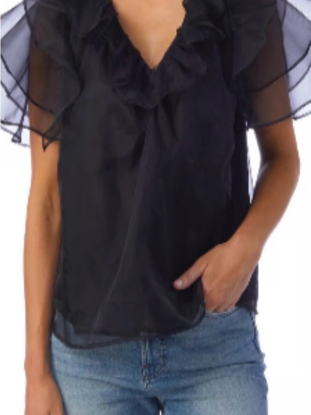 CROSBY by Mollie Burch Black Sheer Ruffle V-Neck Blouse